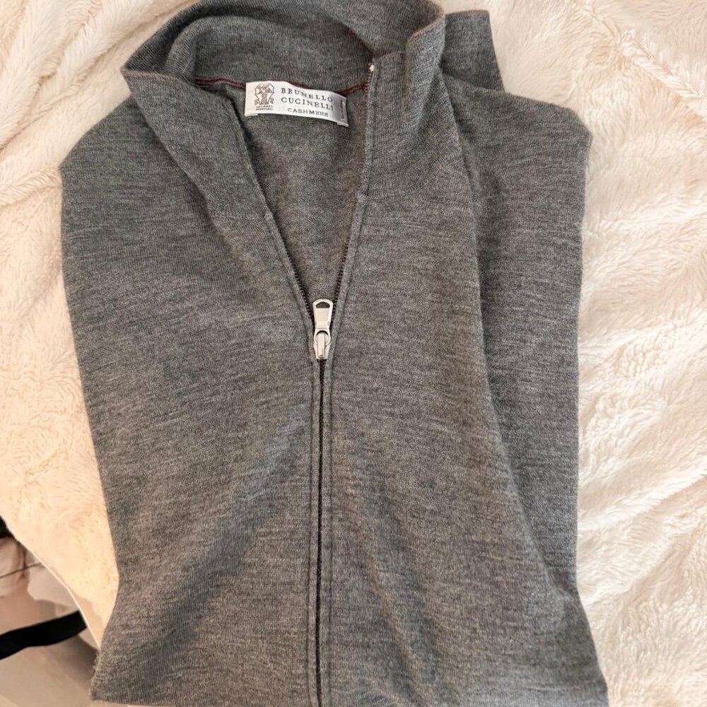 Brunello Cucinelli Gray Cashmere Zip Front Sleeveless Sweater Vest